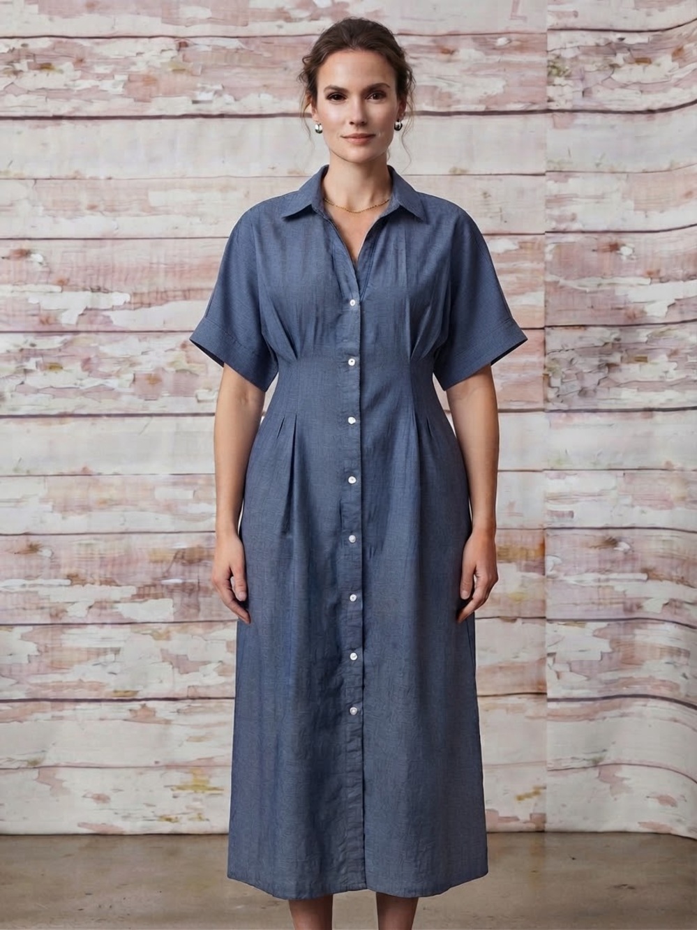 NEW Serra Button-Front 100% Cotton Chambray Midi Dress